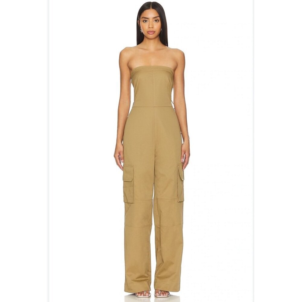 NWT Lovers & Friends Sydney Jumpsuit Tan Wide Leg Cargo Pants Revolve Size Small